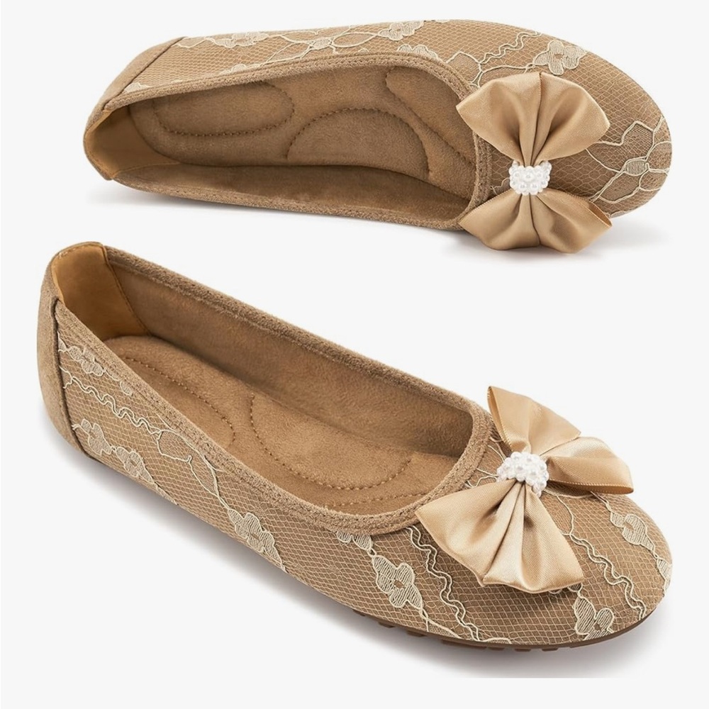 NWOB-Ballet Flats for Women Dressy: Comfortable Round Toe Bow Lace Mesh